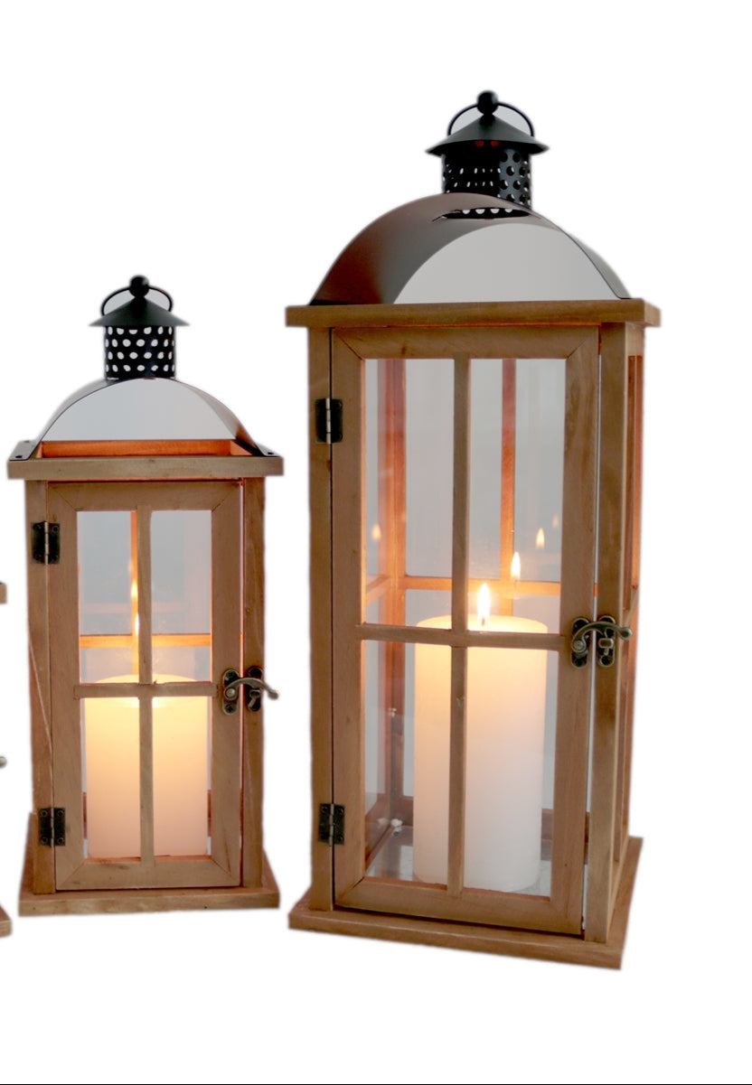 Laterne Holz Gartenlaterne mit Glas-Scheiben Henkel Windlicht Deko-Laterne Naturholz Landhaus Holzlaterne H32+40cm 2Größen wählbar