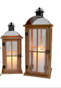 Laterne Holz Gartenlaterne mit Glas-Scheiben Henkel Windlicht Deko-Laterne Naturholz Landhaus Holzlaterne H32+40cm 2Größen wählbar