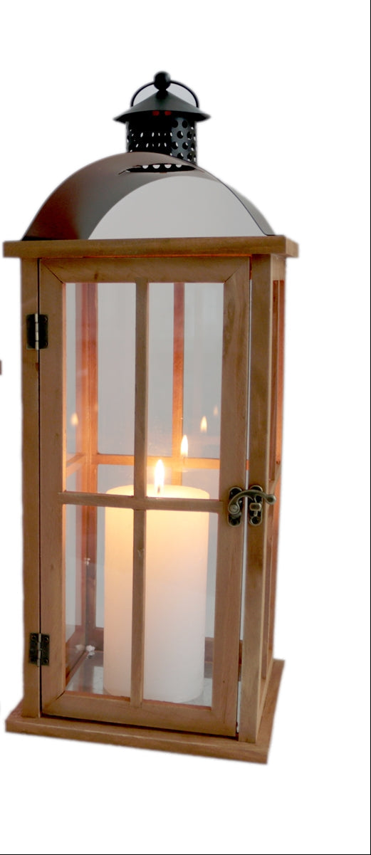 Laterne Holz Gartenlaterne mit Glas-Scheiben Henkel Windlicht Deko-Laterne Naturholz Landhaus Holzlaterne H32+40cm 2Größen wählbar