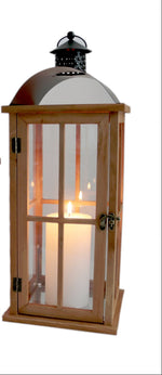 Lade das Bild in den Galerie-Viewer, Laterne Holz Gartenlaterne mit Glas-Scheiben Henkel Windlicht Deko-Laterne Naturholz Landhaus Holzlaterne H32+40cm 2Größen wählbar
