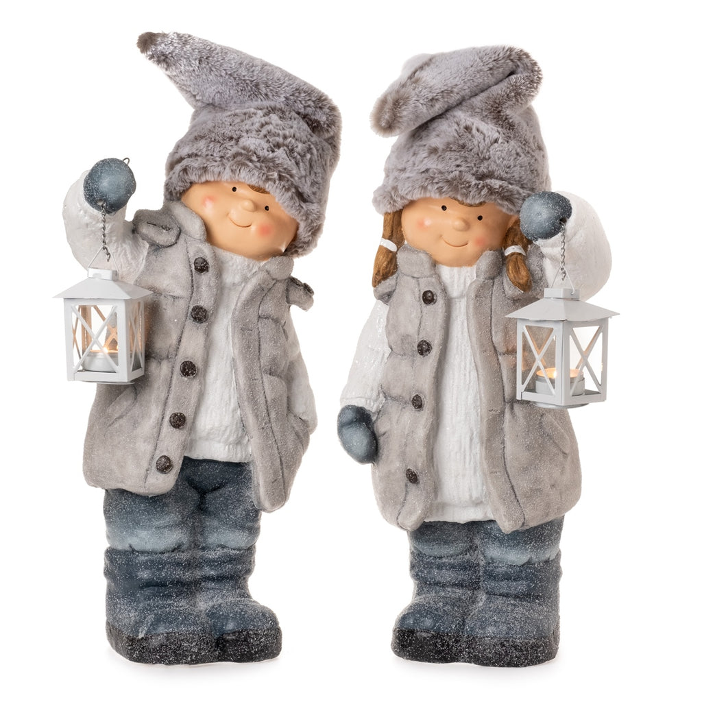 Winterkinder mit Laterne – dekorative Skulptur, 2-fach sortiert, Höhe 52 cm, grau/creme/blau, winterliche Weihnachtsfigur
