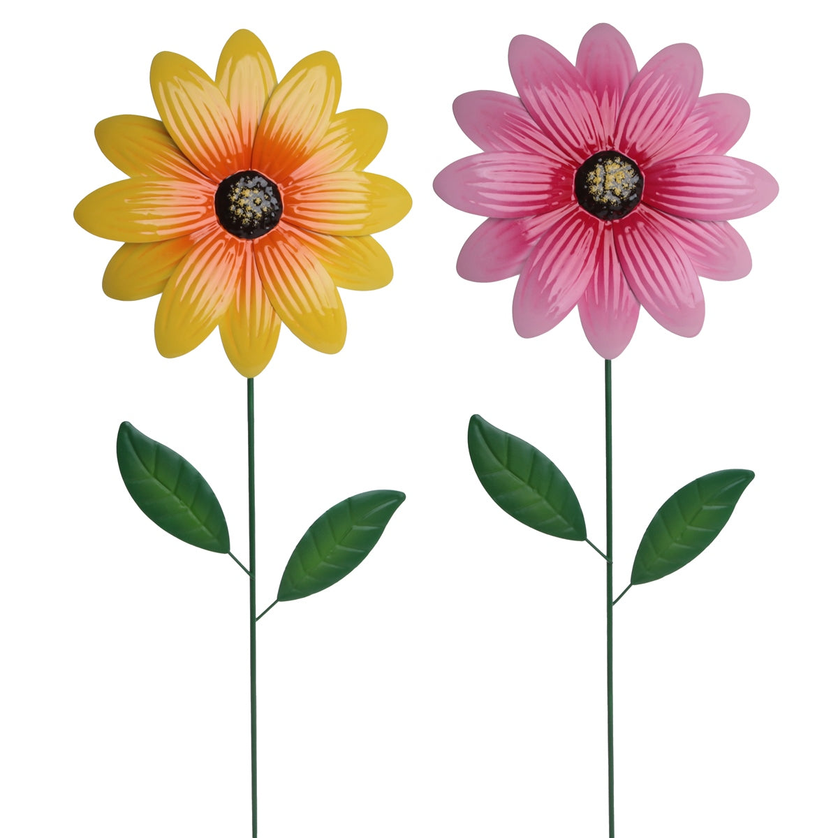Stecker „Blume“ – farbenfrohe Metall‑Gartendeko 2fach sort. Gartenstecker gelb & pink Ø24cm H90cm