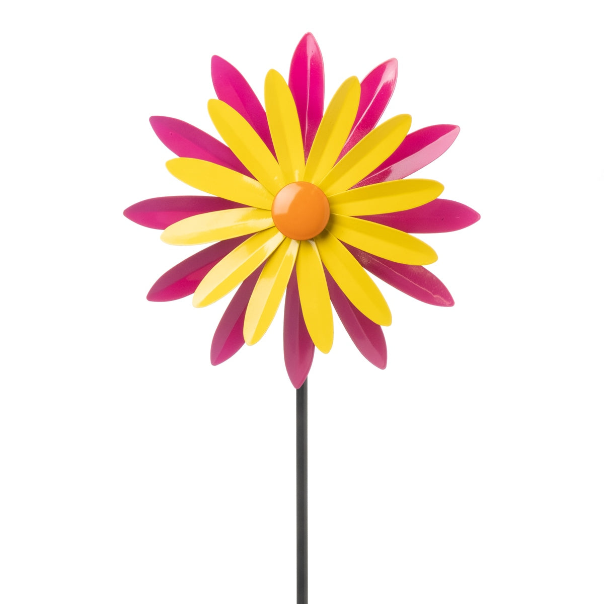 Metall Windrad Gartenstecker Ø 28×12 cm | 114 cm Höhe, Buntes Windspiel Pink/Orange/Gelb, Wetterfeste Garten‑Deko Outdoor Windmühle