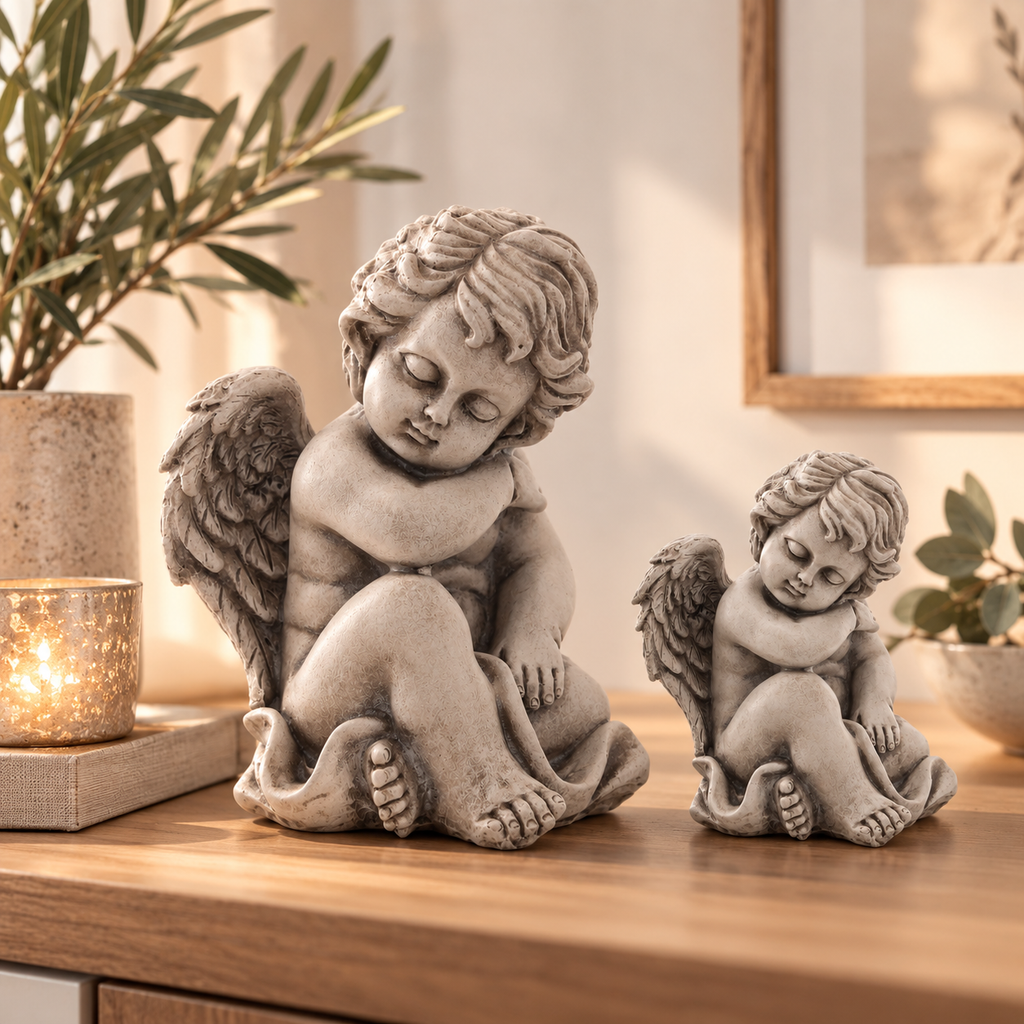 Sitzender Engel H10cm + 13,5cm in Grau – Dekorative Engel-Figur als Skulptur 2 Größen wählbar