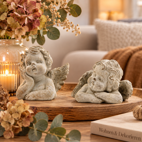 Engel StoneArt aus Zement 16 cm – Dekorativer Engel 2fach sortiert – Antike Engel-Figur für Wohnbereich, Regal, Fensterbank & Tischdeko
