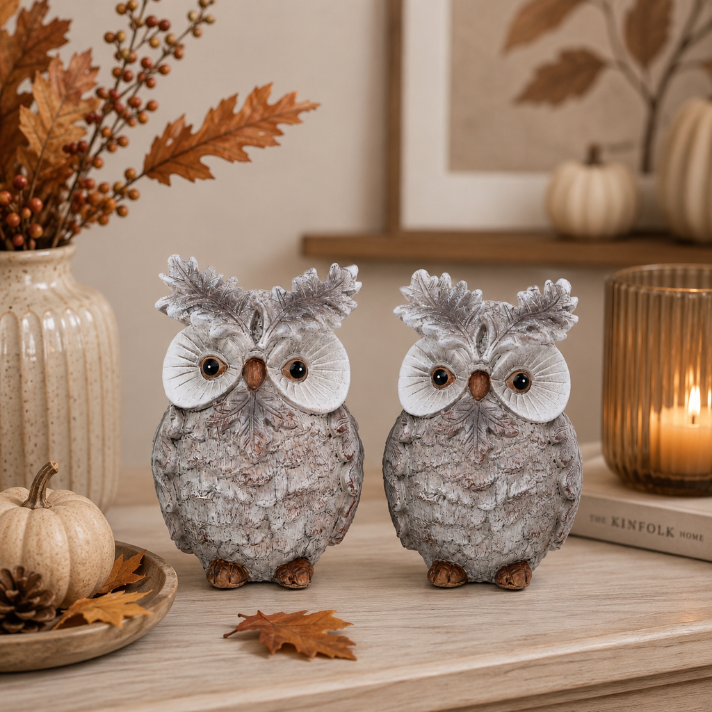 Poly-Eule 2er Set 8,5 x 12,5 cm in Grau/Silber – Dekorative Eulenfigur für Herbst & Winter – Tischdeko, Kommode & Wohnbereich