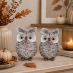Poly-Eule 2er Set 8,5 x 12,5 cm in Grau/Silber – Dekorative Eulenfigur für Herbst & Winter – Tischdeko, Kommode & Wohnbereich