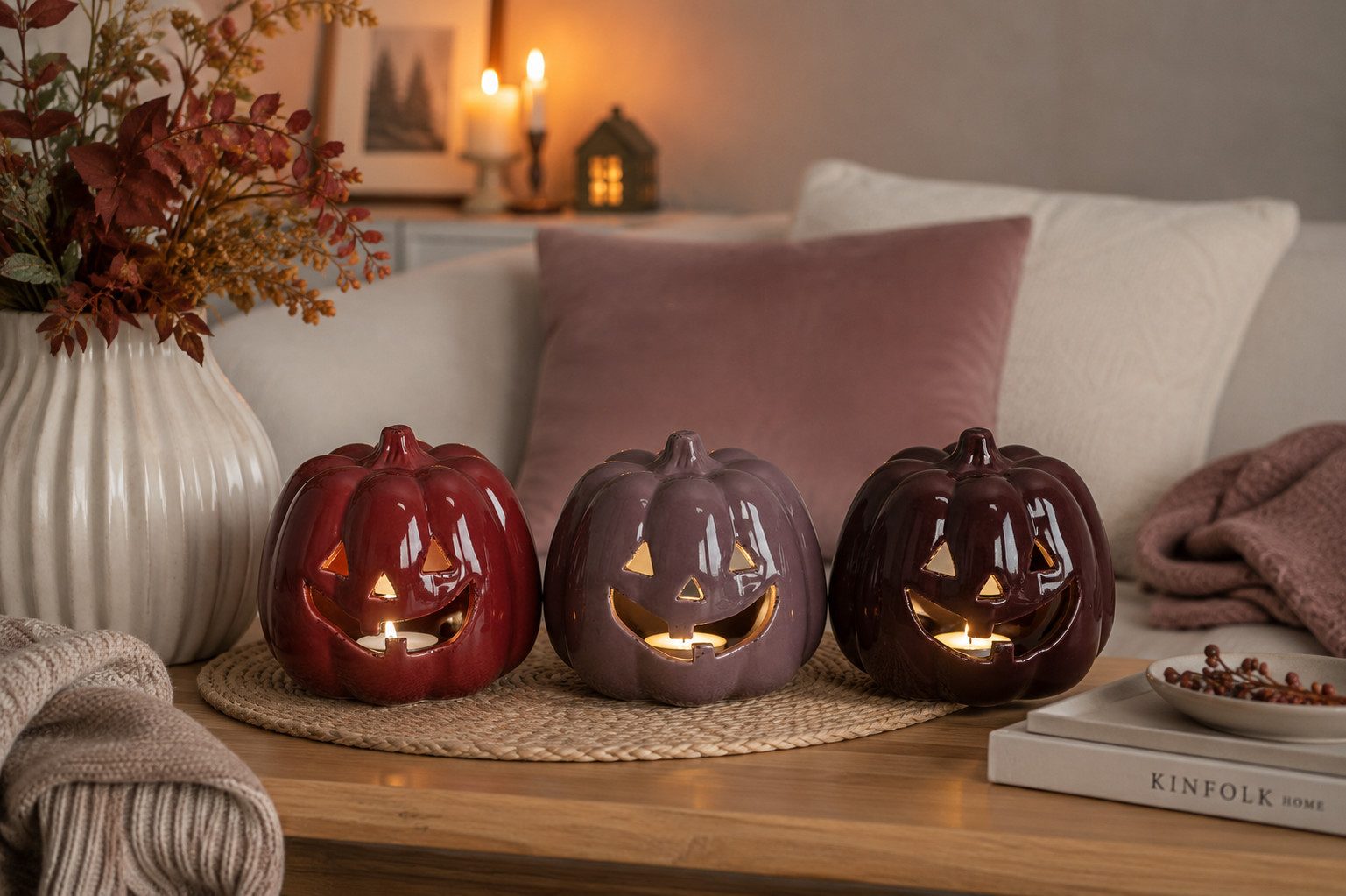 Windlicht Kürbis 3farbig sort. Keramik Dolomit glänzend Herbstdeko Ø15cm H13,5cm Halloween
