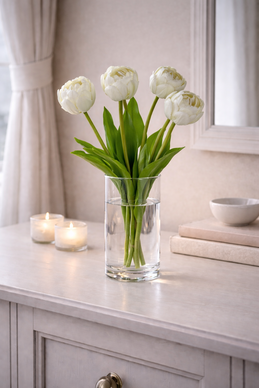 Tulpenbund Real Touch 43cm weiss Paeonientulpen künstliche Blumen 5Blüten Tischdeko Tulpen