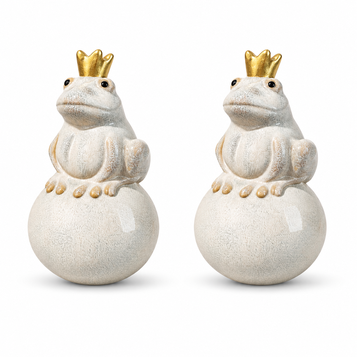 Frosch Keramik auf Kugel creme mit goldener Krone 7,5cm H13,5cm Dekofigur für Garten Balkon & Teich Gartenfigur 2erSet Gartendeko Froschkönig
