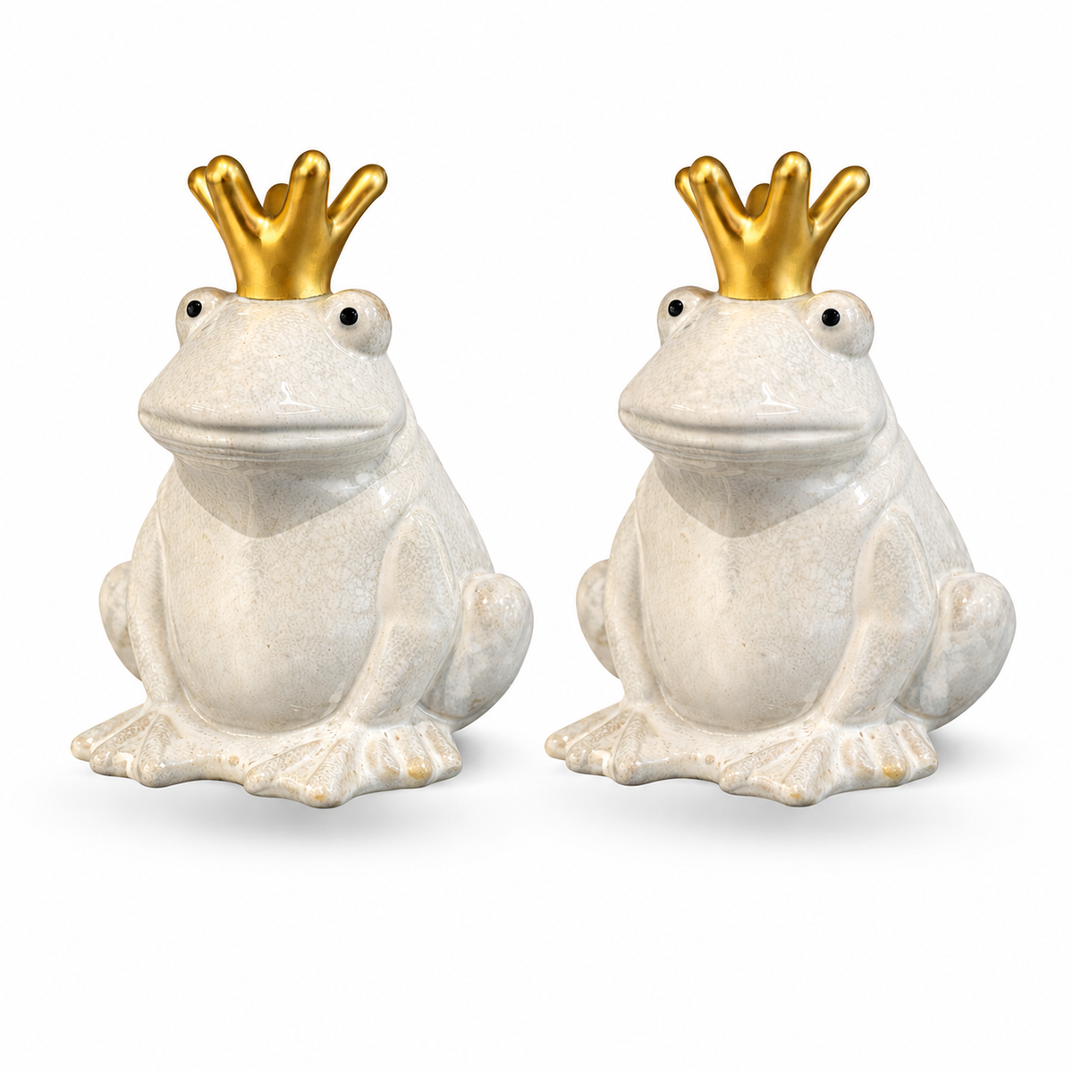 Frosch Keramik mit Krone creme 2er Set Dekofiguren 8,5 × H11,5 cm Gartenfigur Froschkönig Figuren für Wohn- & Gartendeko