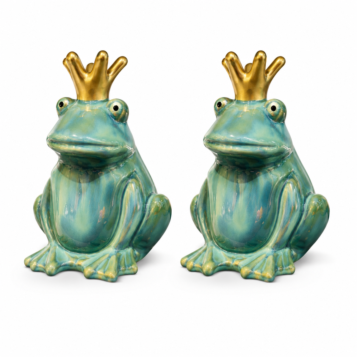 Frosch Keramik mit Krone grün 2er Set Dekofiguren 8,5 × H11,5 cm Gartenfigur Froschkönig Figuren für Wohn- & Gartendeko