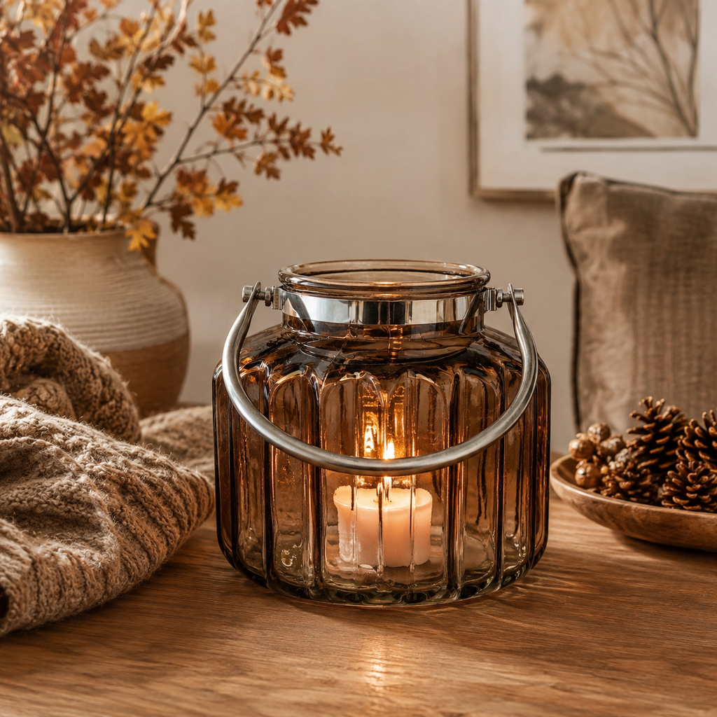 Glas-Windlicht mit Henkel Braun 20 × 18 cm – Windlicht & Tischdeko Laterne