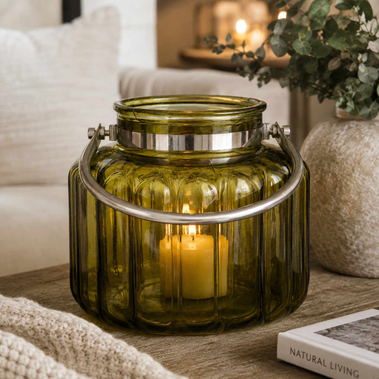 Glas-Windlicht mit Henkel Grün 20 × 18 cm – Windlicht & Tischdeko