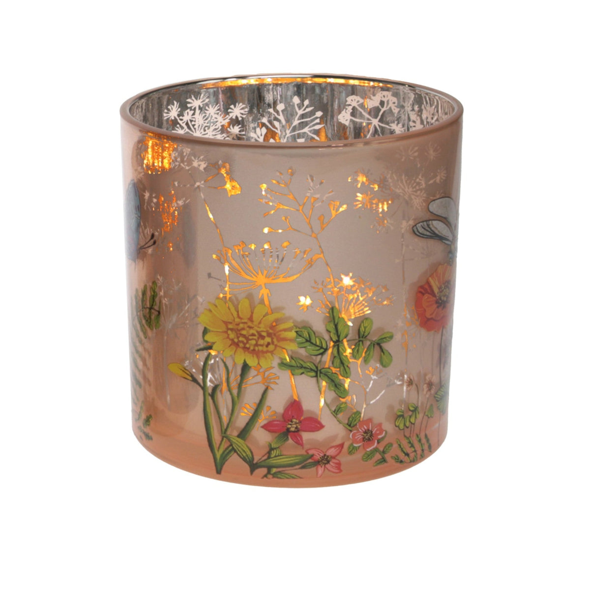 Windlicht Glas mit Blumen Dekor Teelichterhalter bunt Ø15cm H15cm Blumenwiese