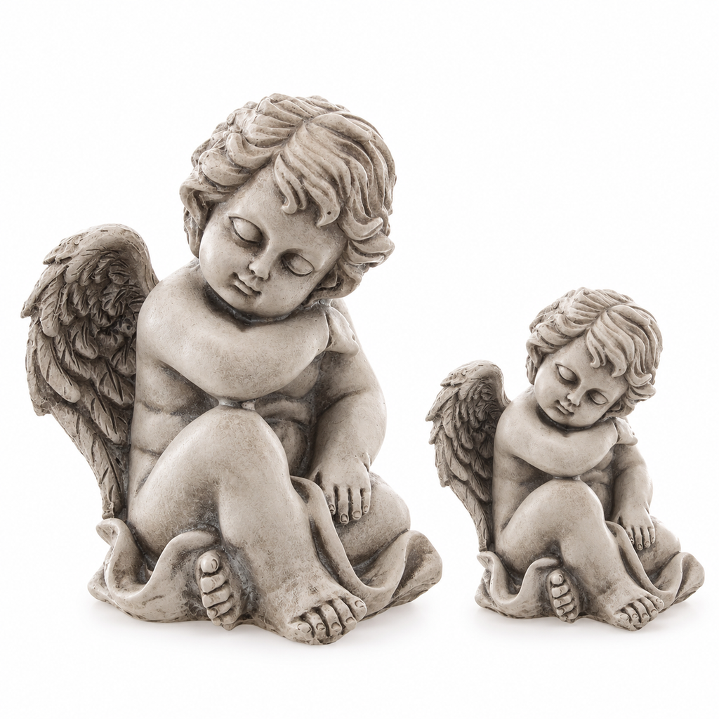 Sitzender Engel H10cm + 13,5cm in Grau – Dekorative Engel-Figur als Skulptur 2 Größen wählbar