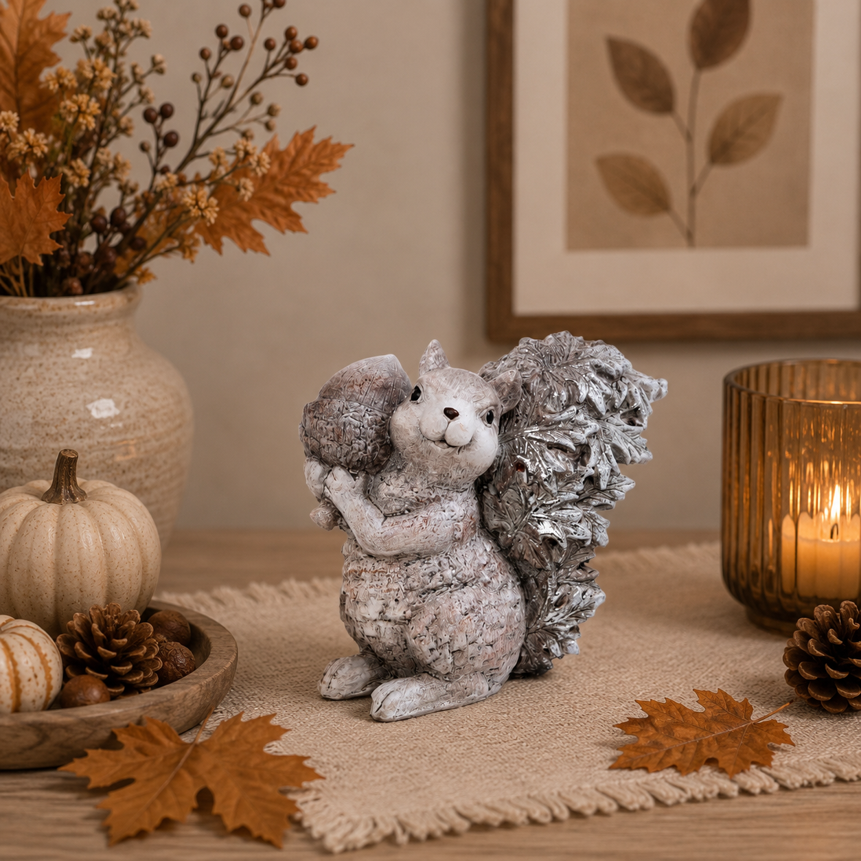 Poly-Eichhörnchen 12,5 x 10,5 cm in Grau/Beige/Silber – Dekorative Herbstdeko für den Wohnbereich