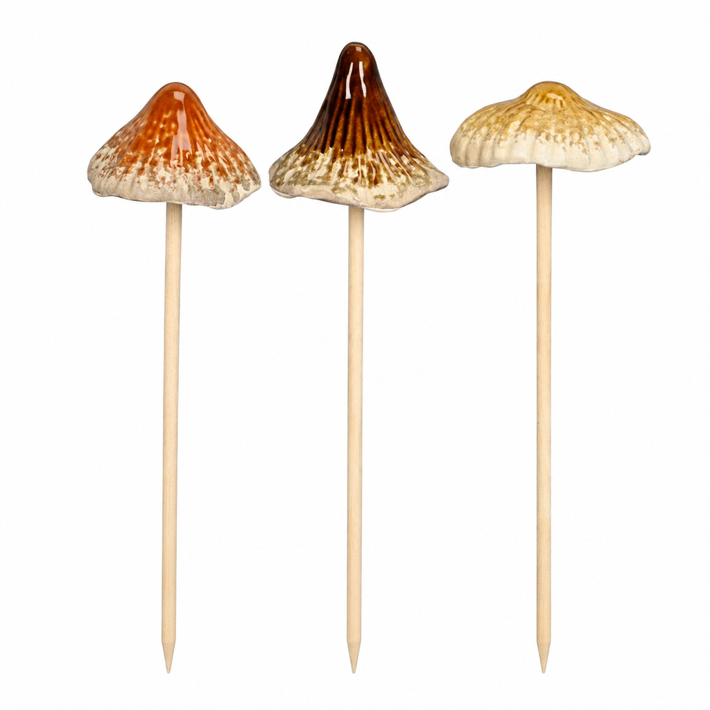 Pilz zum Stecken 3er-Set Orange/Braun/Natur – Ø6,5 x H24 cm aus Steinzeug – Dekopilze für Herbst, Weihnachten & Tischdeko