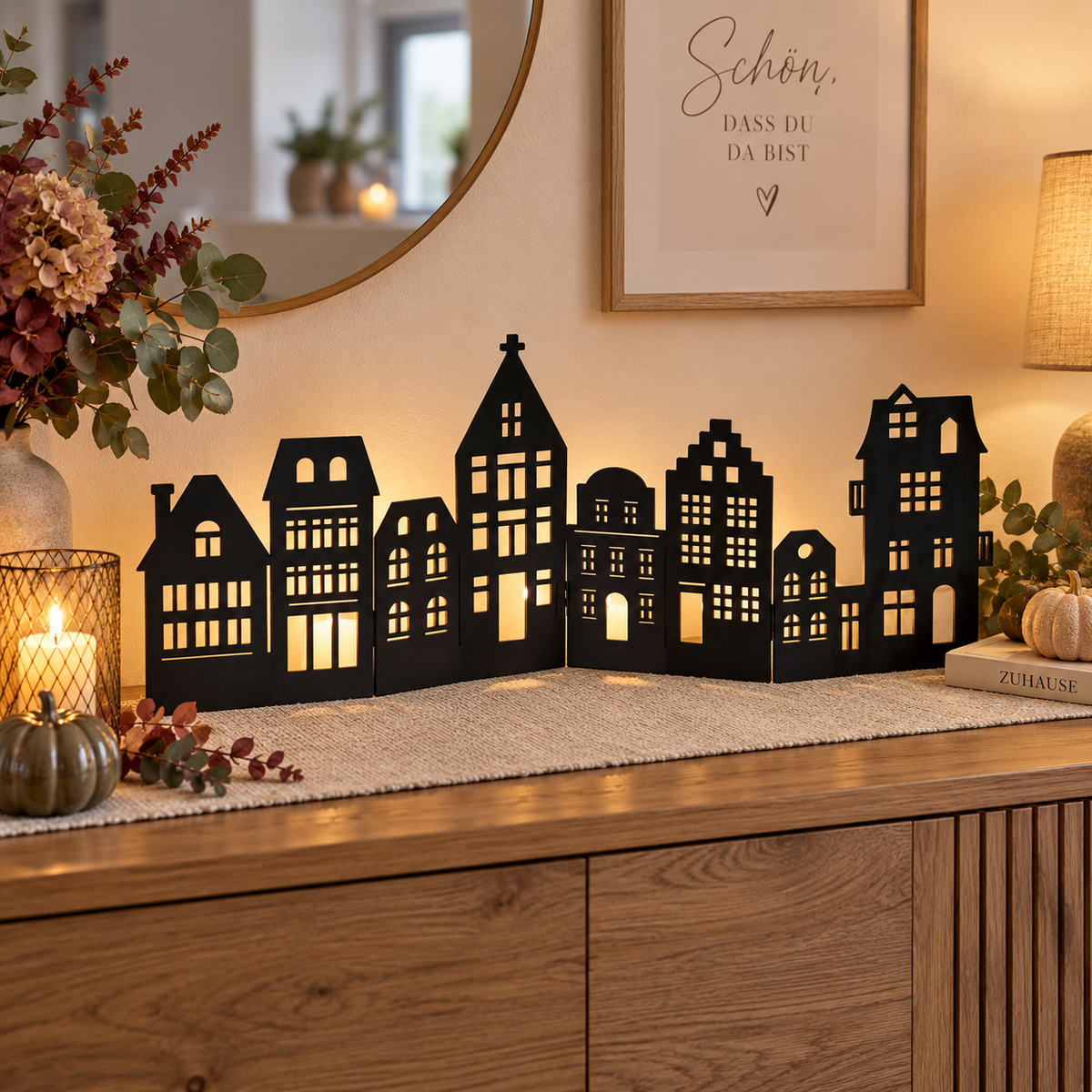 Holz Häuser schwarz L60 x H23 cm – Dekorativer Aufsteller aus Sperrholz für Herbstdeko, Winterdeko & Wohnbereich