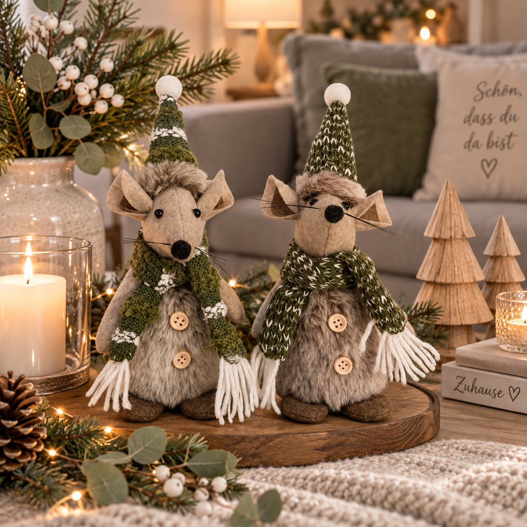 Maus Fily 2-fach sortiert – 7 x 7,5 x H 21 cm – Sitzende Deko-Maus aus Polyester – Weihnachtsdeko & Winterdeko