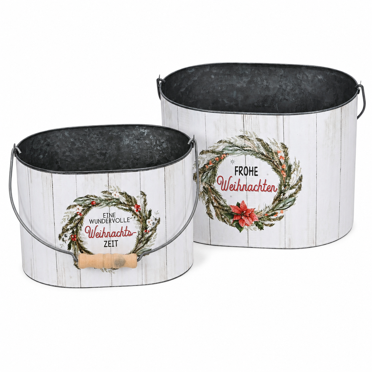 Eimer mit Henkel Metall Weihnachtsmotiv Spruch farbig H15cm + H18cm Blumentof 2er Set oval Übertopf Pflanzeimer