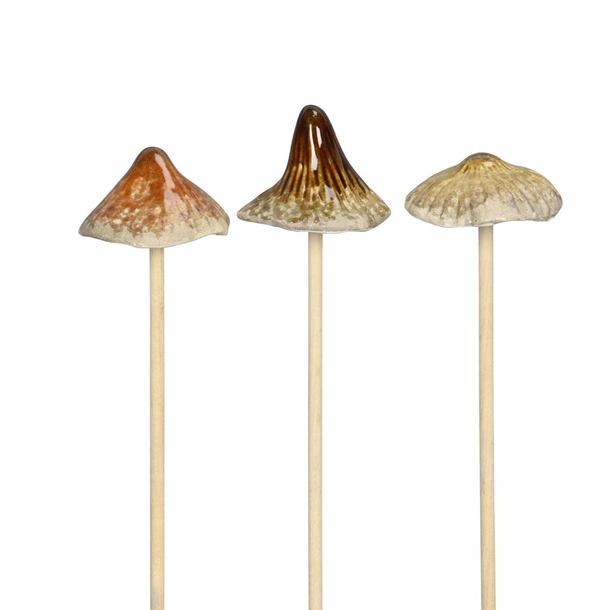 Pilz zum Stecken 3er-Set Orange/Braun/Natur – Ø5,5 x H21 cm aus Steinzeug – Dekopilze für Herbst, Weihnachten & Tischdeko