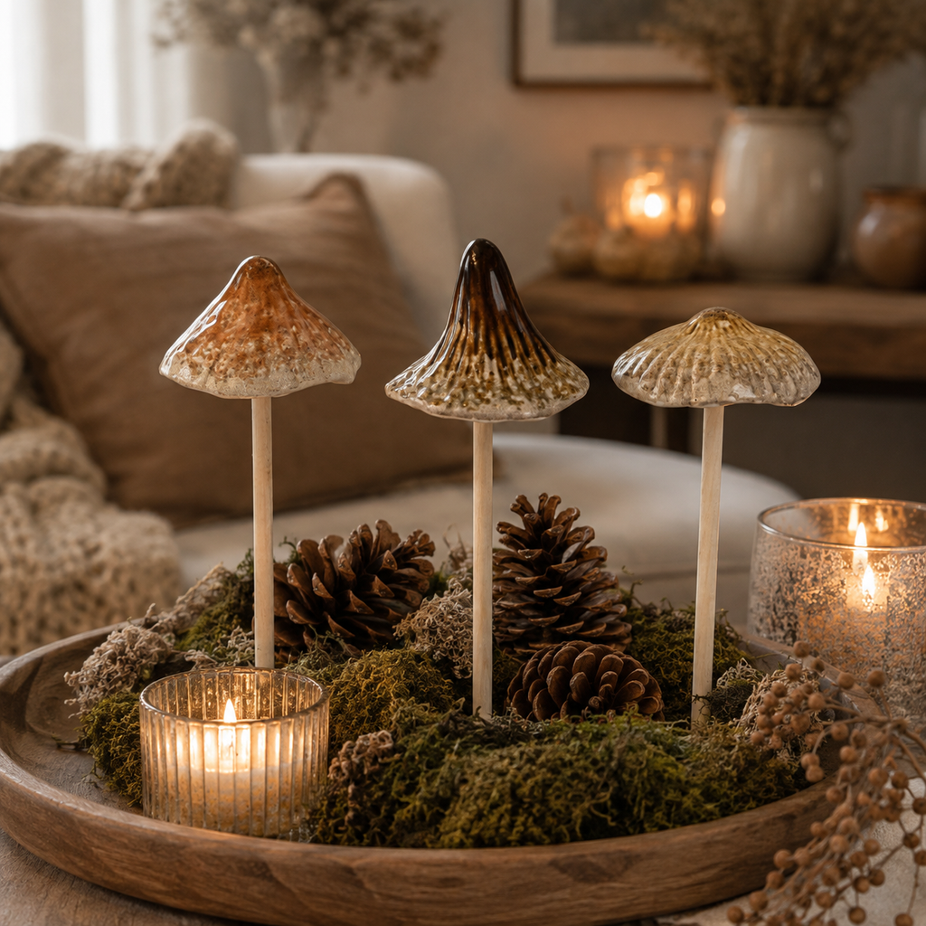 Pilz zum Stecken 3er-Set Orange/Braun/Natur – Ø5,5 x H21 cm aus Steinzeug – Dekopilze für Herbst, Weihnachten & Tischdeko