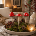 Pilz zum Stecken 3er-Set Rot – Ø7 x H30 cm aus Steinzeug – Dekopilze für Herbst, Weihnachten & Tischdeko