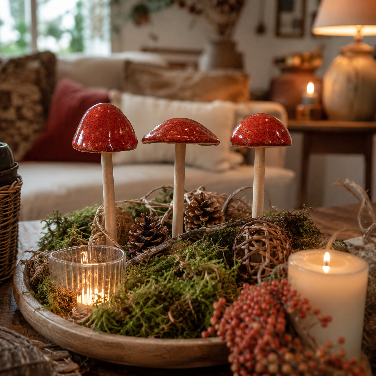Pilz zum Stecken 3er-Set Rot – D6 x H24 cm aus Steinzeug – Dekopilze für Herbst, Weihnachten & Tischdeko