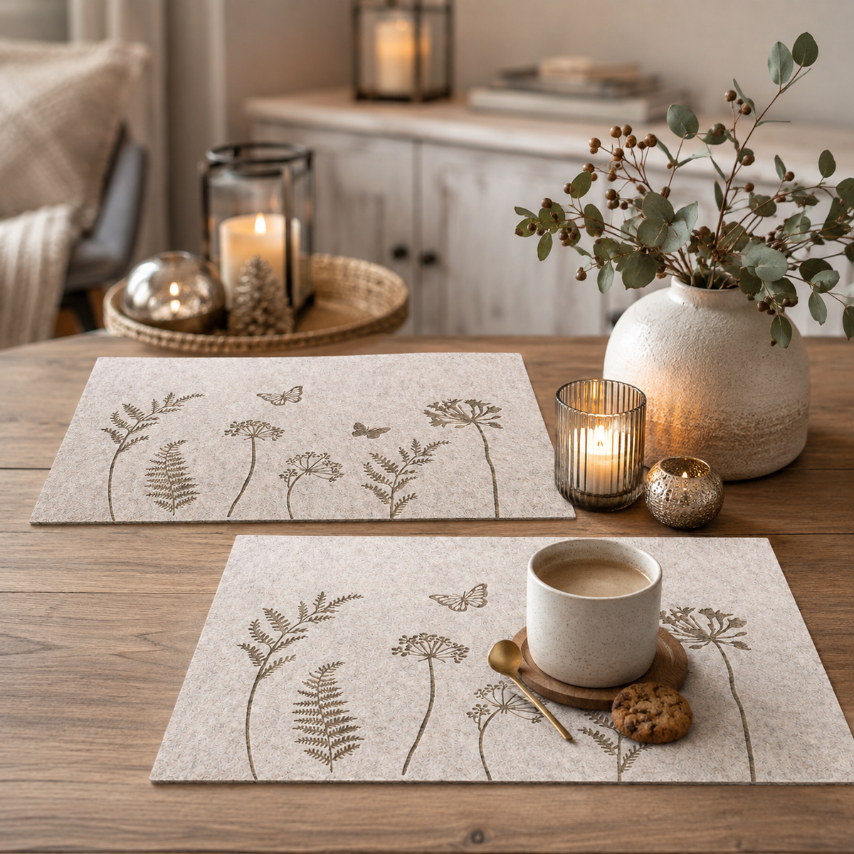 Platzmatten Wildblumen 35 x 45 cm in Hellbraun – Filz Platzset im 2er Set, Tischdeko & Tischunterlage