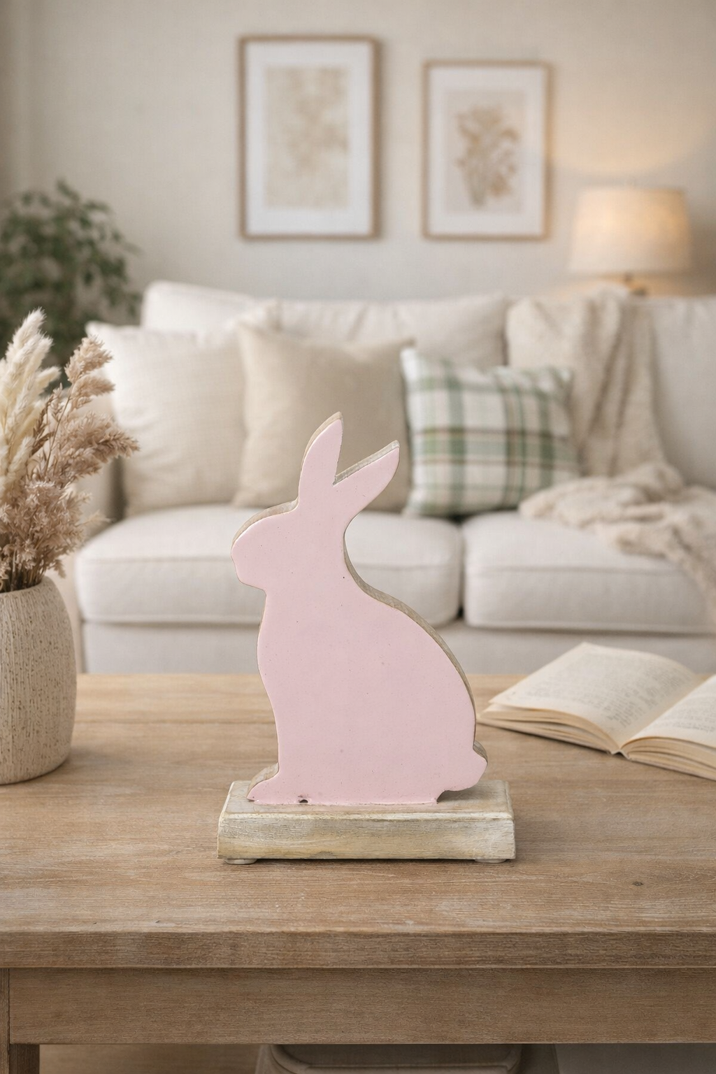 Hase Mangoholz rosa/natur Skulptur Figur Holz Landhaus Ø13x6cm H19cm