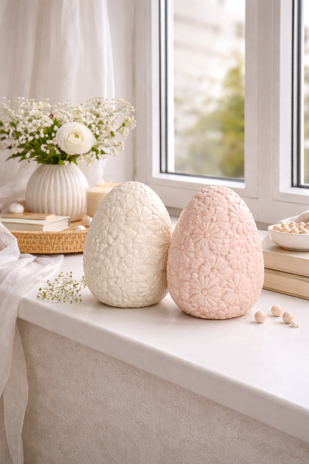 Osterei mit Blütenmotiv weiß/rosa im Landhausstil Dekoratives Oster-Ei aus Keramik H12cm Ø10cm Frühlings- und Osterdekoration für Zuhause 2Größen wählbar