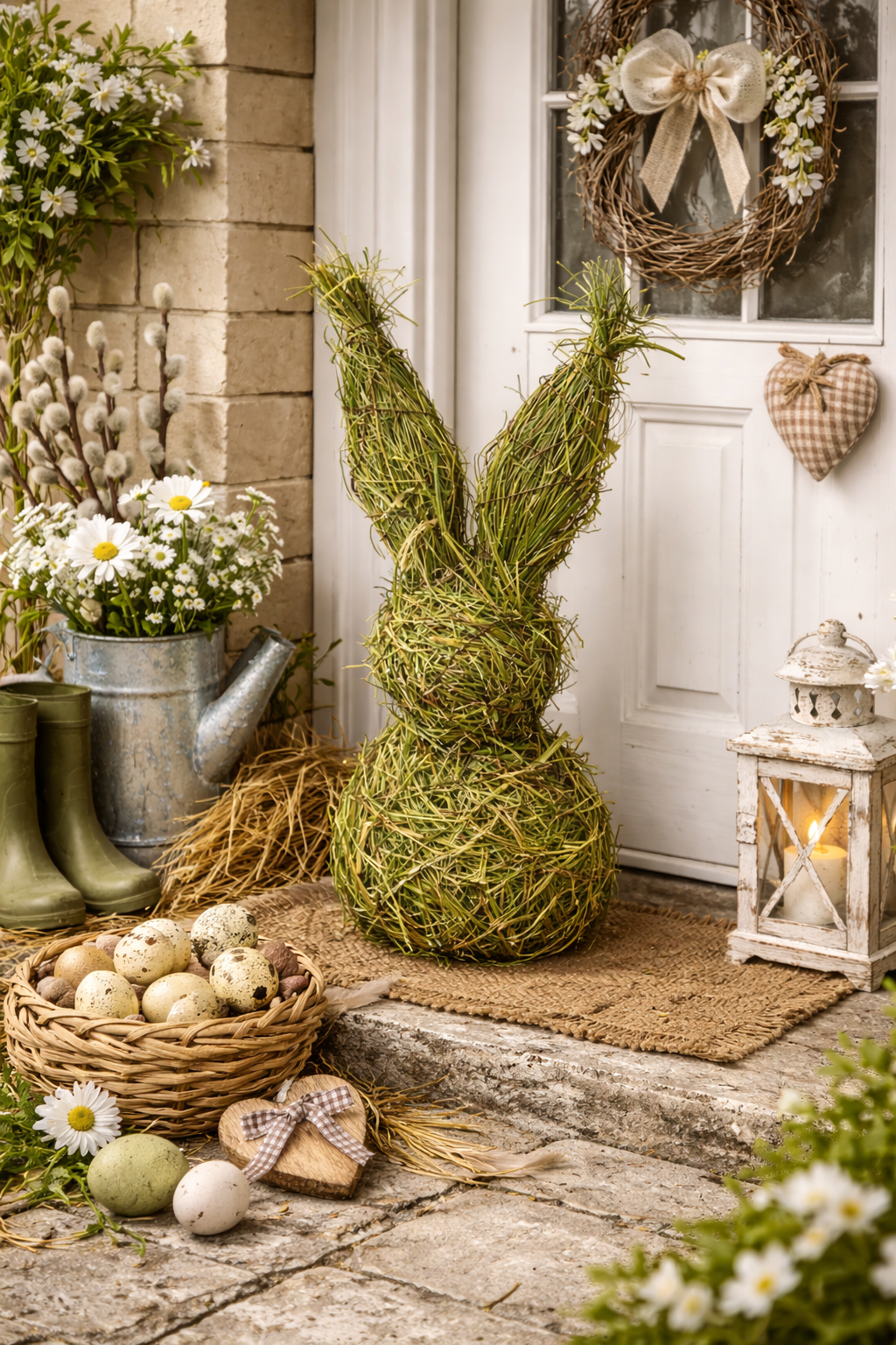 Hase WILLOW grün H40 cm aur Große Natur-Deko aus Heu mit rustikalem Charakter und saisonalem Charmeus Heu Dekofig
