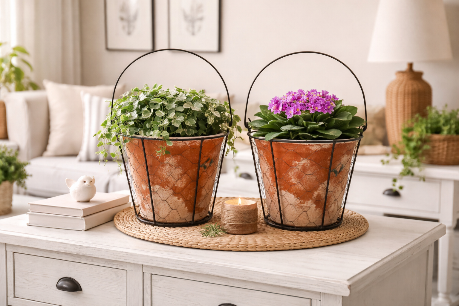 Topf Zement VALO mit Draht 2erSet und Henkel Übertopf terra Pflanzgefäß Shappy Antik Blumentopf H16cm+H18cm 2Größen wählbar