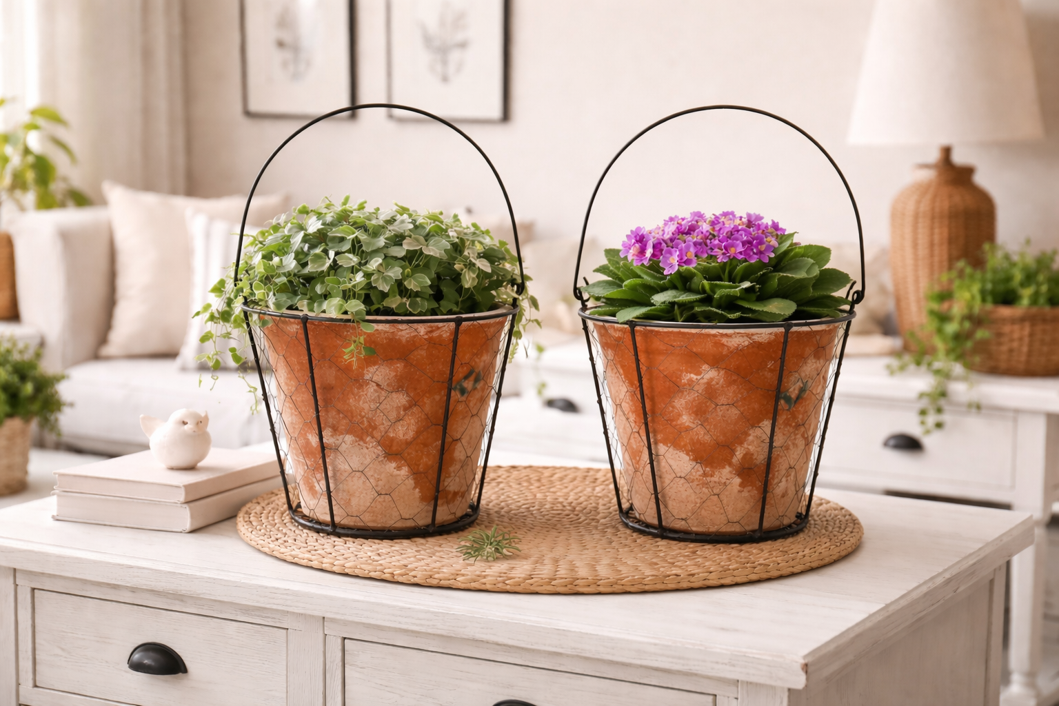 Topf Zement VALO mit Draht 2erSet und Henkel Übertopf terra Pflanzgefäß Shappy Antik Blumentopf H16cm+H18cm 2Größen wählbar