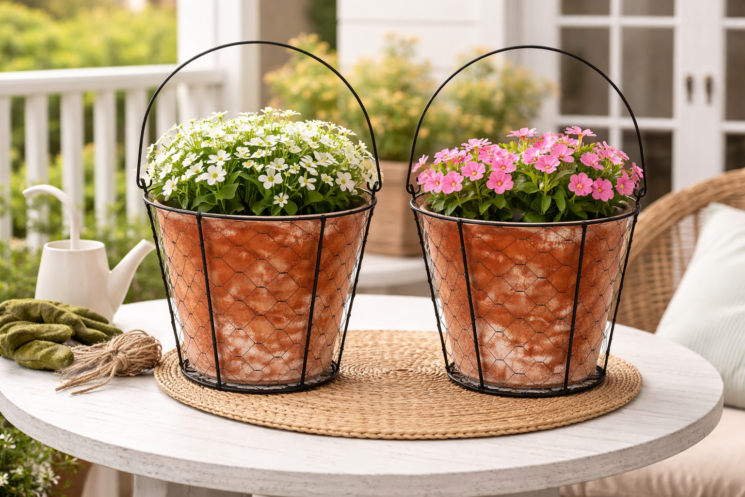 Topf Zement VALO mit Draht 2erSet und Henkel Übertopf terra Pflanzgefäß Shappy Antik Blumentopf H16cm+H18cm 2Größen wählbar