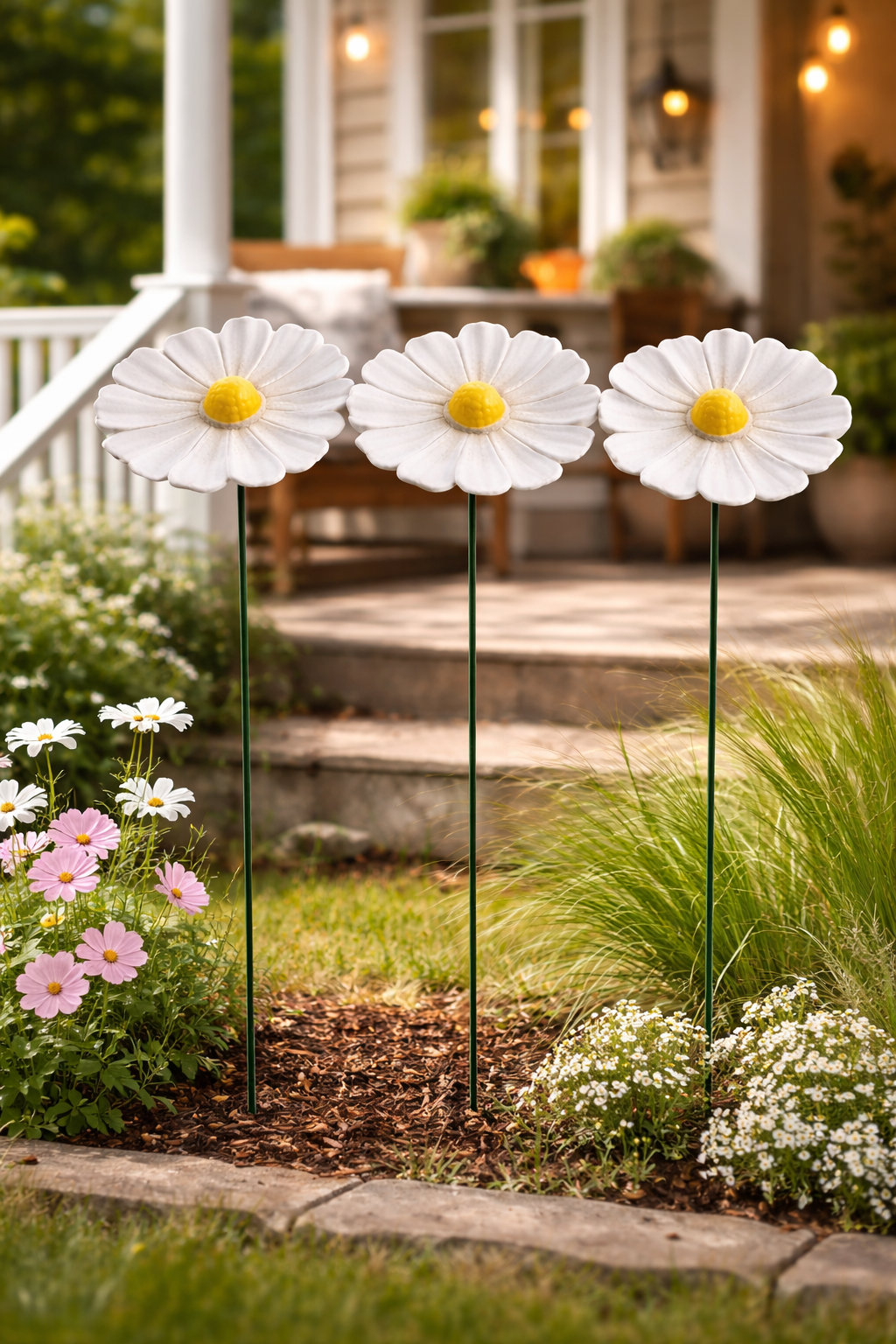 Blüte Margerite Keramik 3erSet weiß Gartenstecker Ø7,5cm + Ø9cm Stab 48cm Stecker Blütenstecker Garten 2Größen wählbar