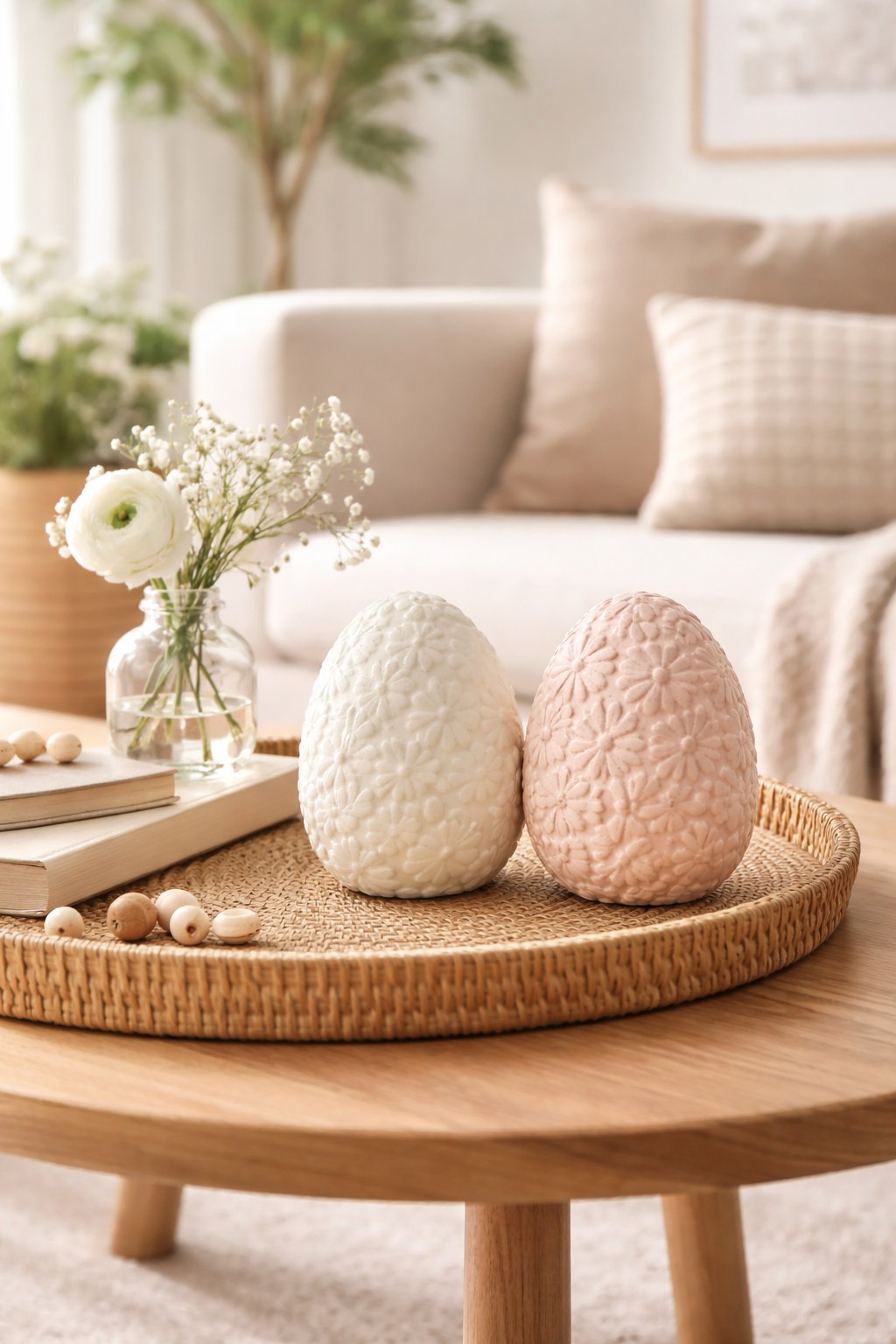 Osterei mit Blütenmotiv weiß/rosa im Landhausstil Dekoratives Oster-Ei aus Keramik H12cm Ø10cm Frühlings- und Osterdekoration für Zuhause 2Größen wählbar