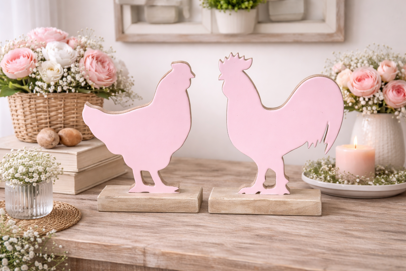 Hahn + Huhn 2fach sort. Mangoholz rosa/natur Skulptur Figur Holz Landhaus Ø19x6cm H22cm