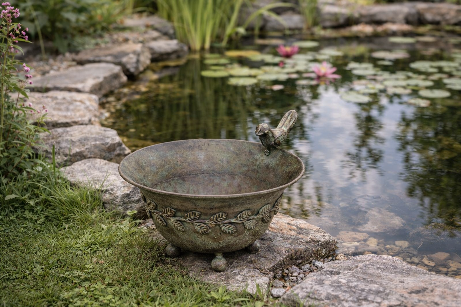 Vogeltränke Metall grün/braun Ø20x17cm H12cm Vogelbad Wasserstelle 1Vogel