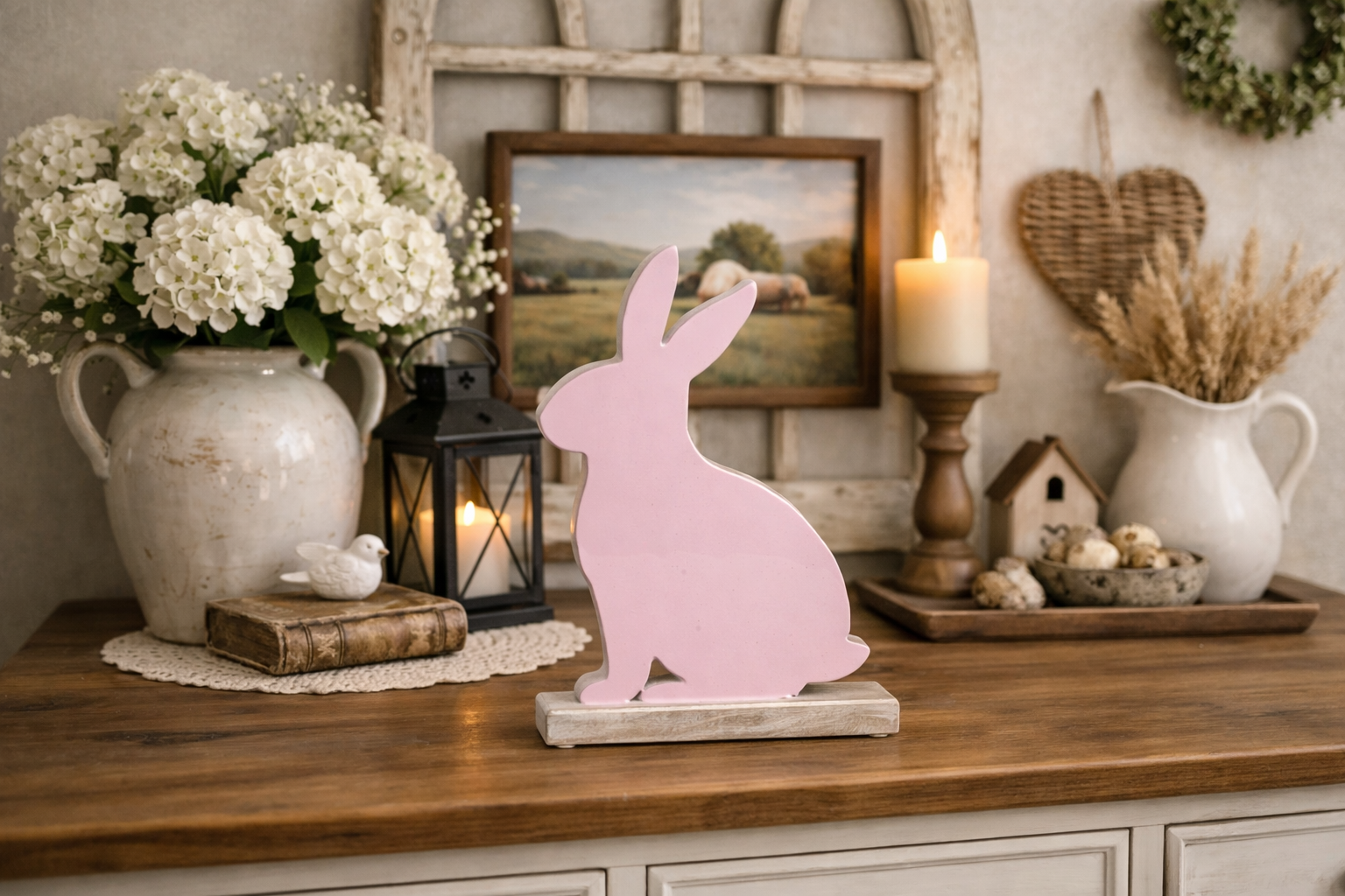 Hase Mangoholz rosa/natur Skulptur Figur Holz Landhaus Ø16x6cm H27cm