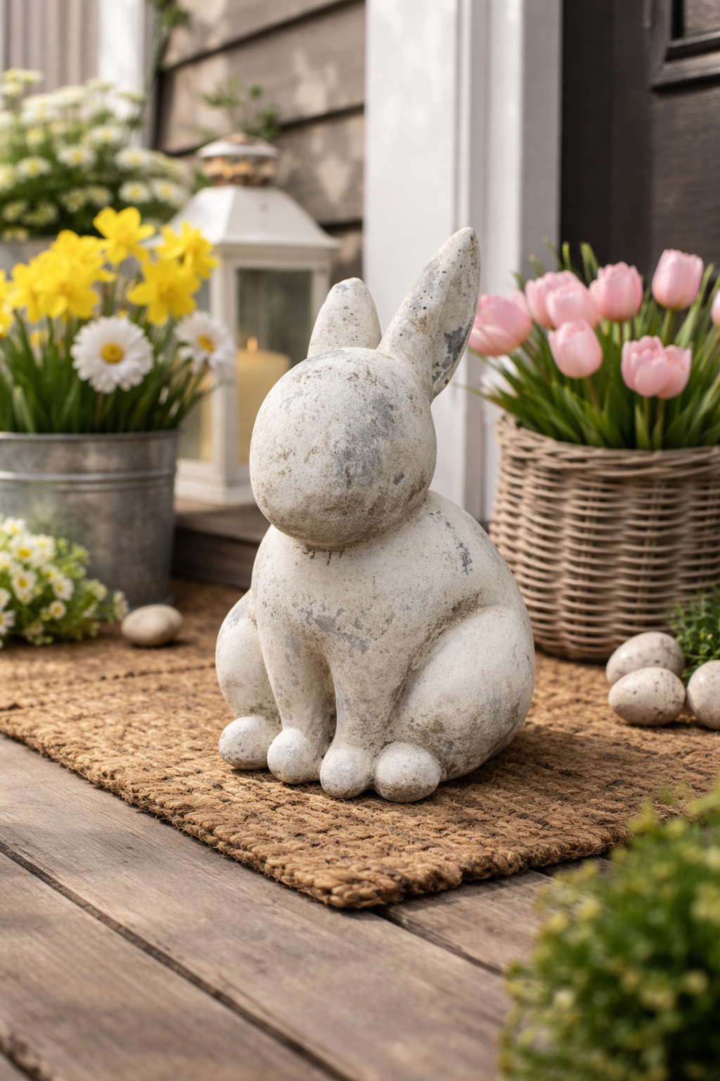 Hase VALO Osterfigur aus Zement Cremefarbene Vintage-Deko Stilvolle Oster- und Frühlingsdekoration für Innenbereich 2Größen wählbar