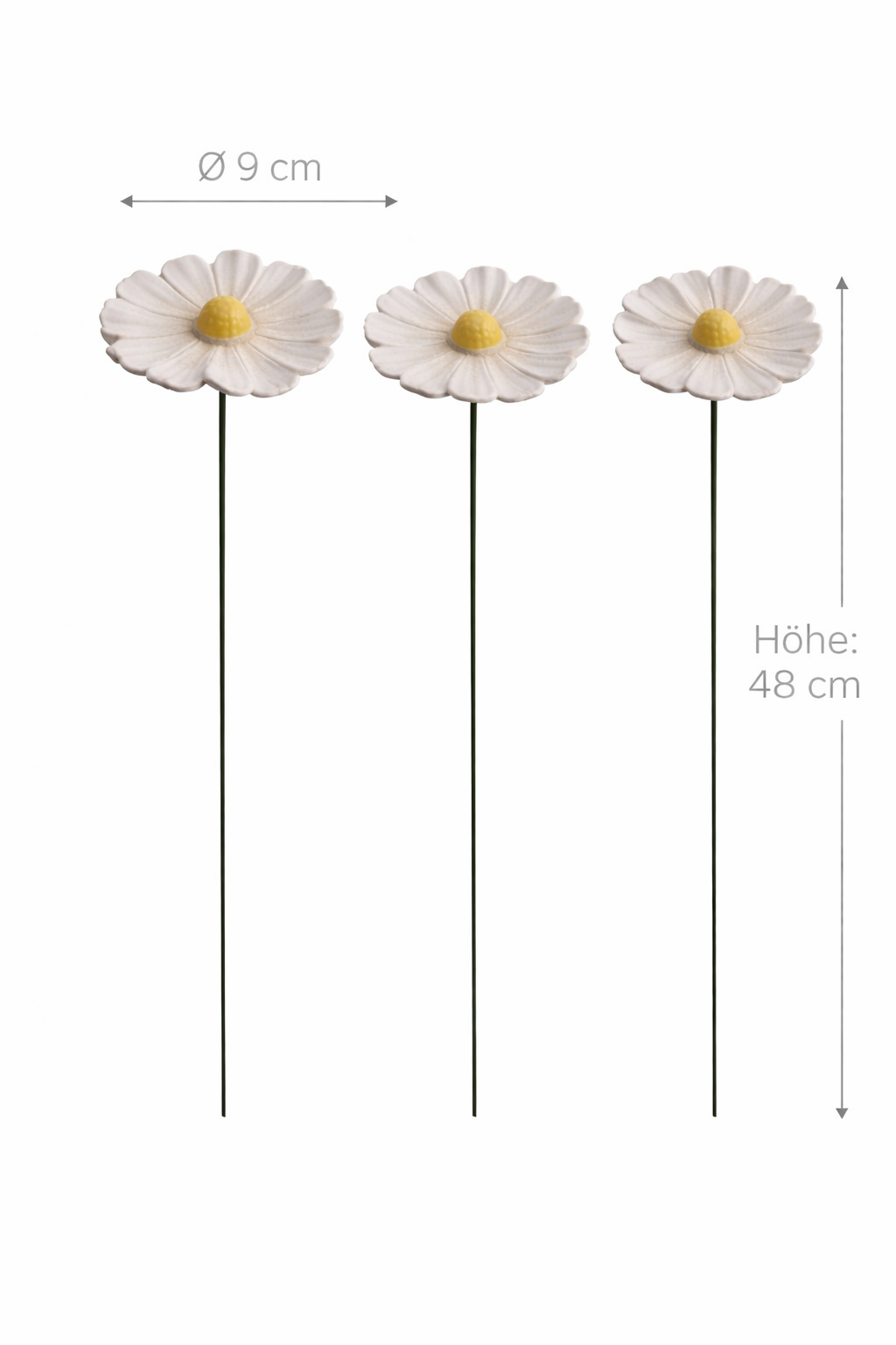 Blüte Margerite Keramik 3erSet weiß Gartenstecker Ø7,5cm + Ø9cm Stab 48cm Stecker Blütenstecker Garten 2Größen wählbar