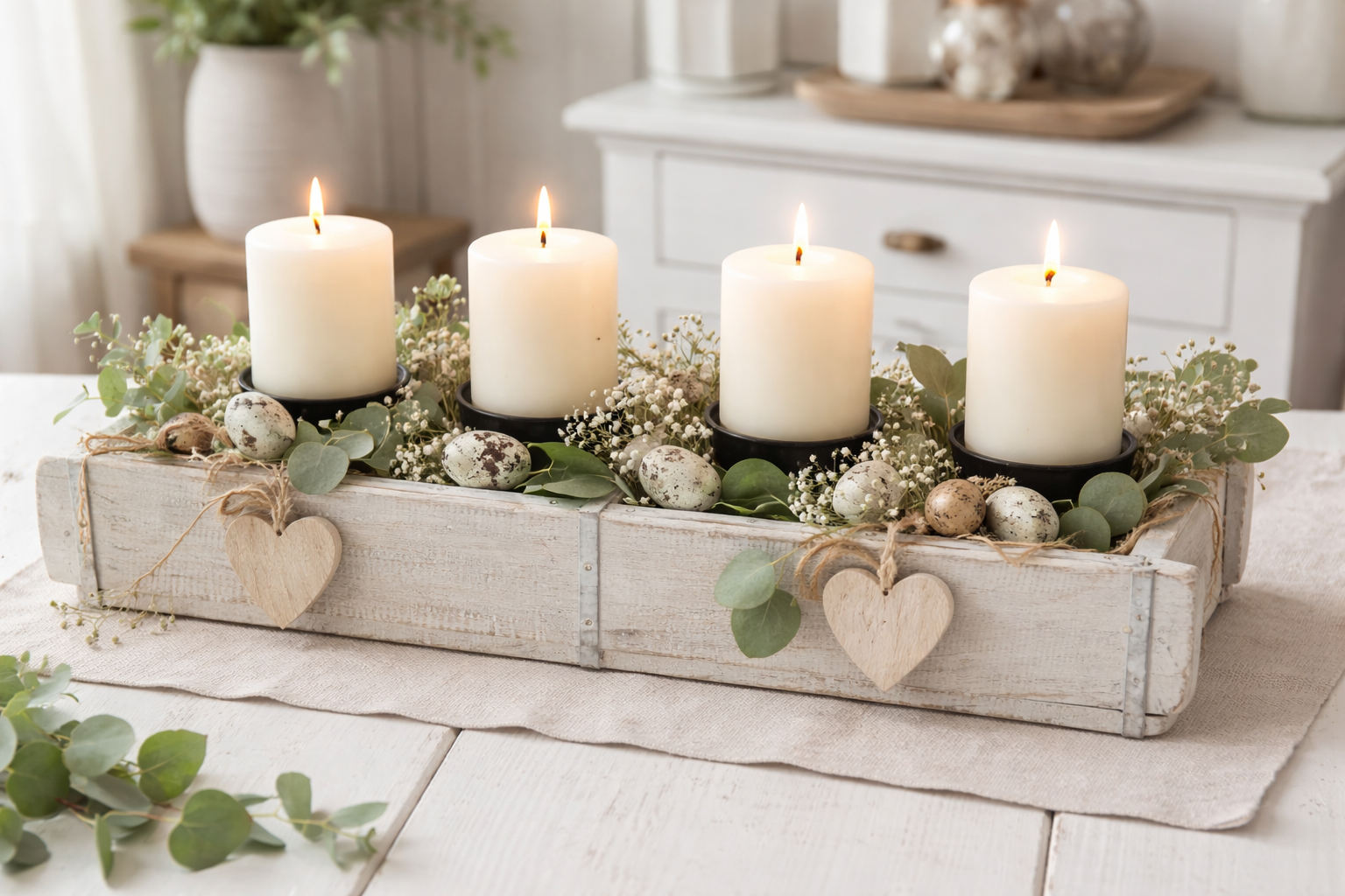 Kerzenhalter RUSTIK weiß Holz Ziegelform mit 4 Kerzenhaltern Advent Holzkiste Kerzenständer
