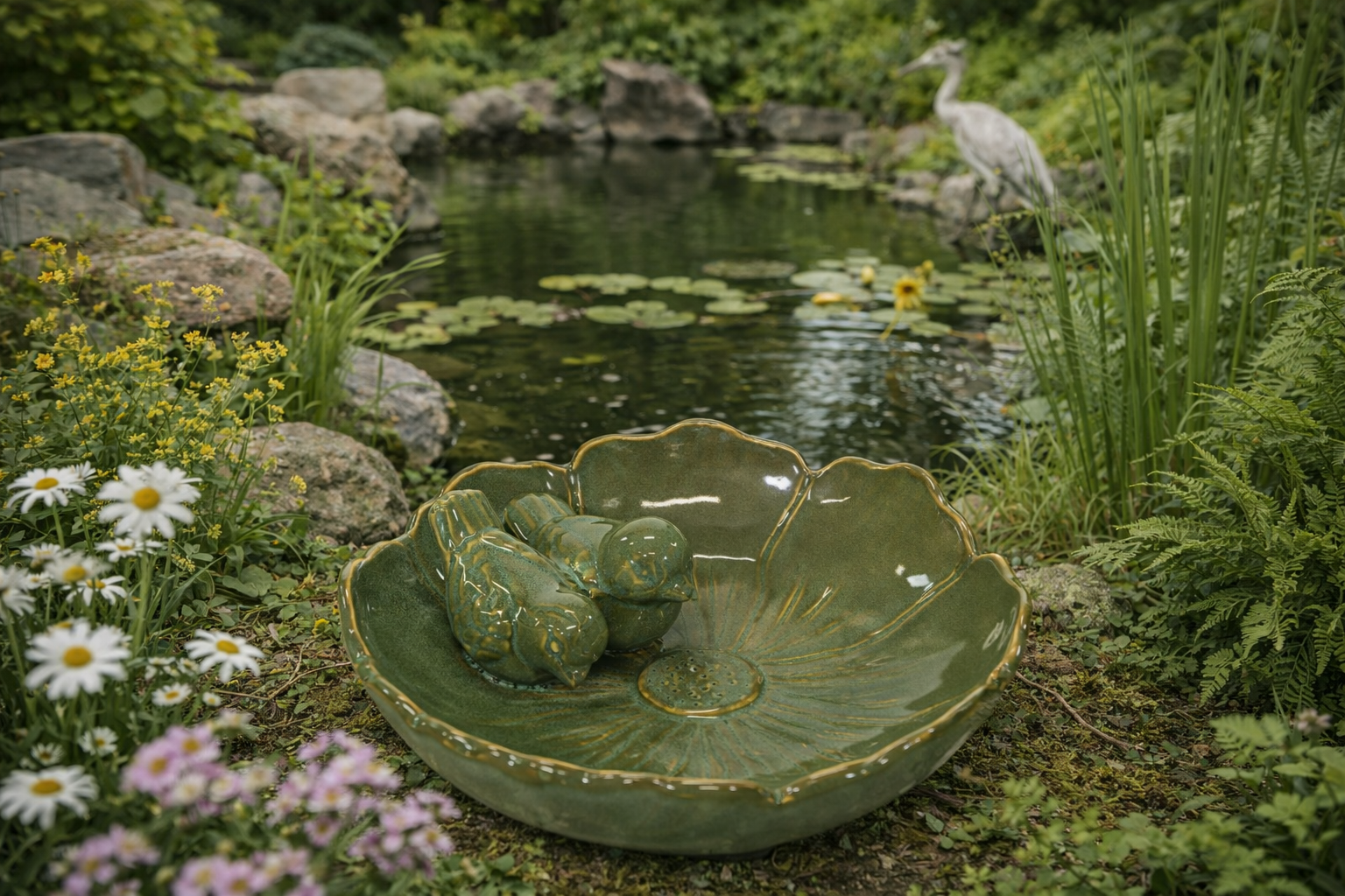 Vogeltränke Blüte mit Vögel rund Ø23cm Vogelbad Futterschale Vogelbecken oliv Shabby chic Wasserstelle