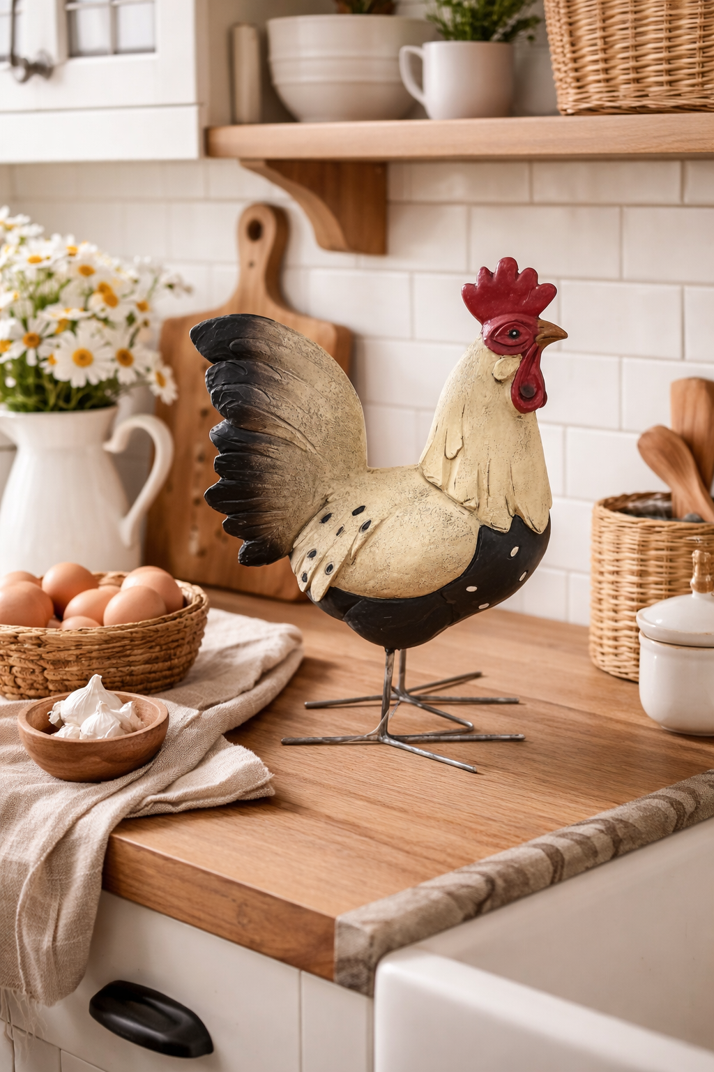 Hahn aus Polyresin Natur/Schwarz 11,5 x H20 cm Moderne Tierfigur Dekoratin für Wohnraum & Garten und für Innen- & überdachte Außenbereiche