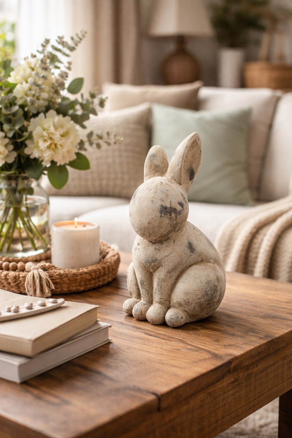 Hase VALO Osterfigur aus Zement Cremefarbene Vintage-Deko Stilvolle Oster- und Frühlingsdekoration für Innenbereich 2Größen wählbar