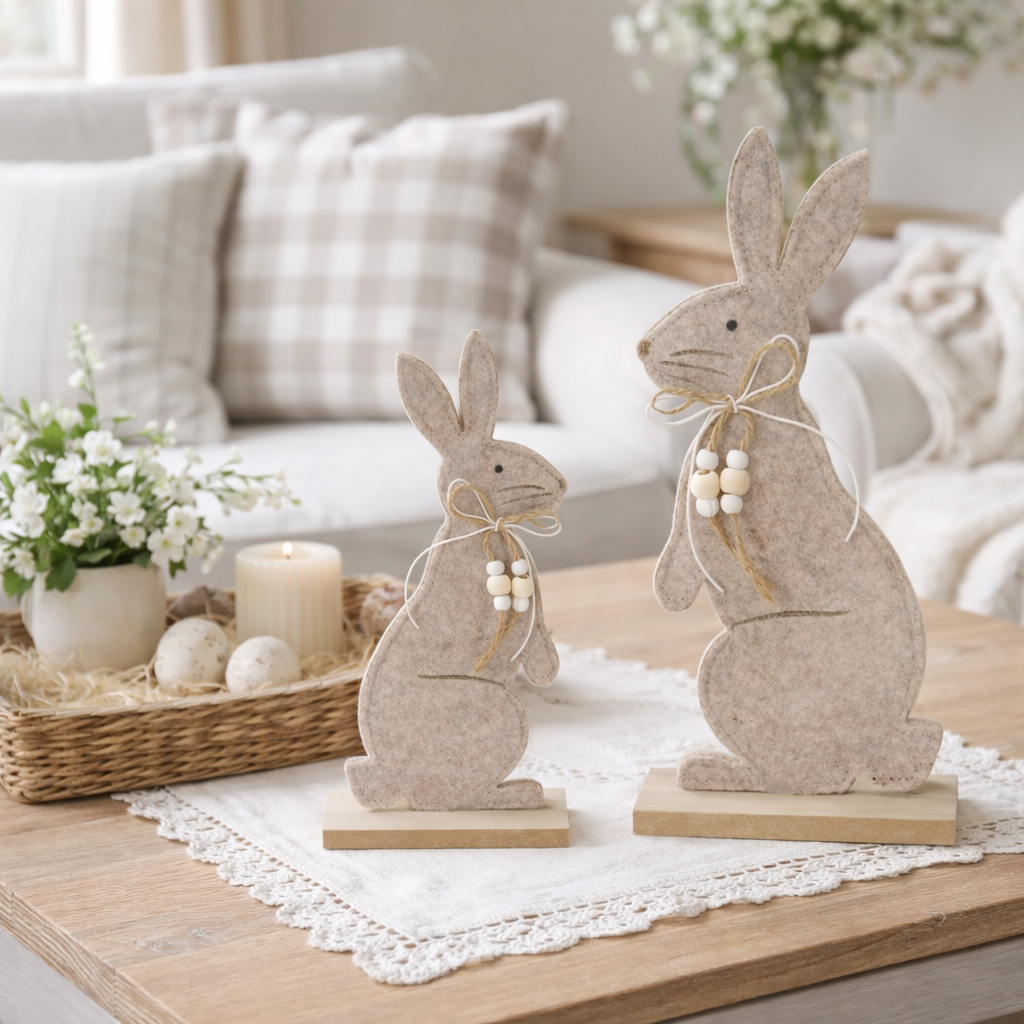 Hase auf Holzbase 2erSet natur/braun Filz H24cm+35cm Ostern Osterhase