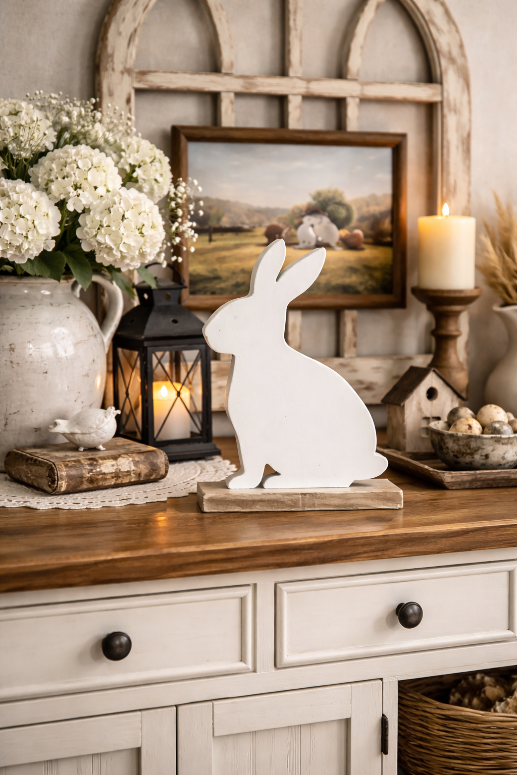 Hase Mangoholz weiss/natur Skulptur Figur Holz Landhaus Ø16x6cm H27cm
