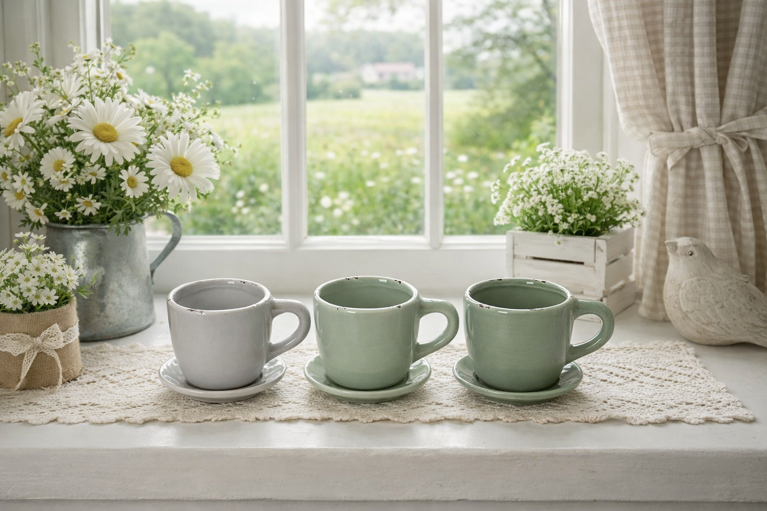 Pflanztasse Dolomit 3Fb. sort. grün/grau Tasse Pflanztopf mit Unterteller Keramik Ø10x8cm H7cm